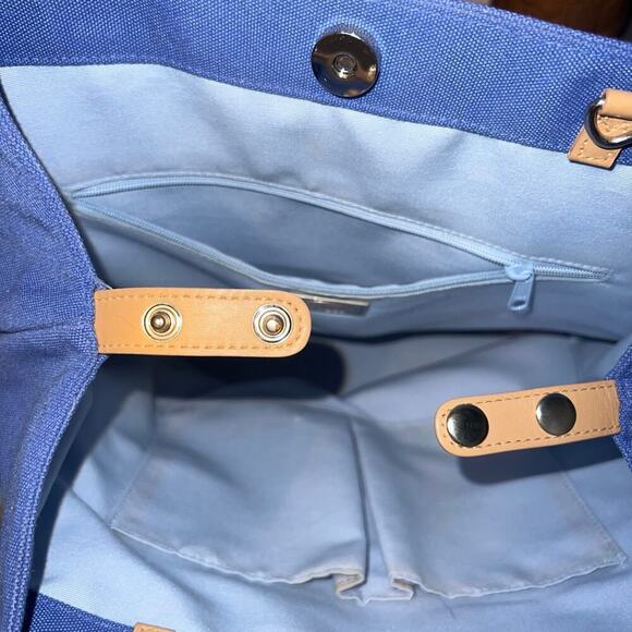 Talbots medium blue canvas contrast tan handle snap closure Y2K satchel handbag - Picture 6 of 10